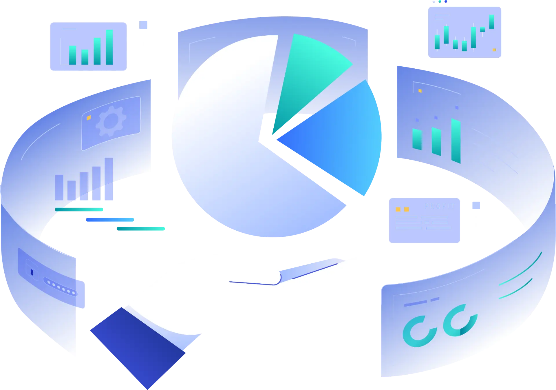 An illustrative banner for ProCare Managed Services. A human hand holds a sphere surrounded by circular data graphics, including a large pie chart and various bar graphs and line charts, all representing business growth and IT operations.