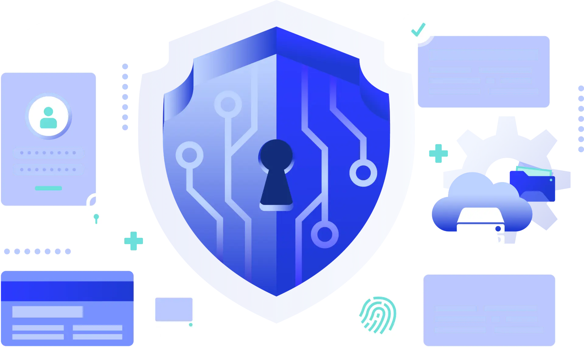 Cybersecurity banner with shield, lock, fingerprint, and cloud icons, representing protection against breaches, downtime, and reputational harm