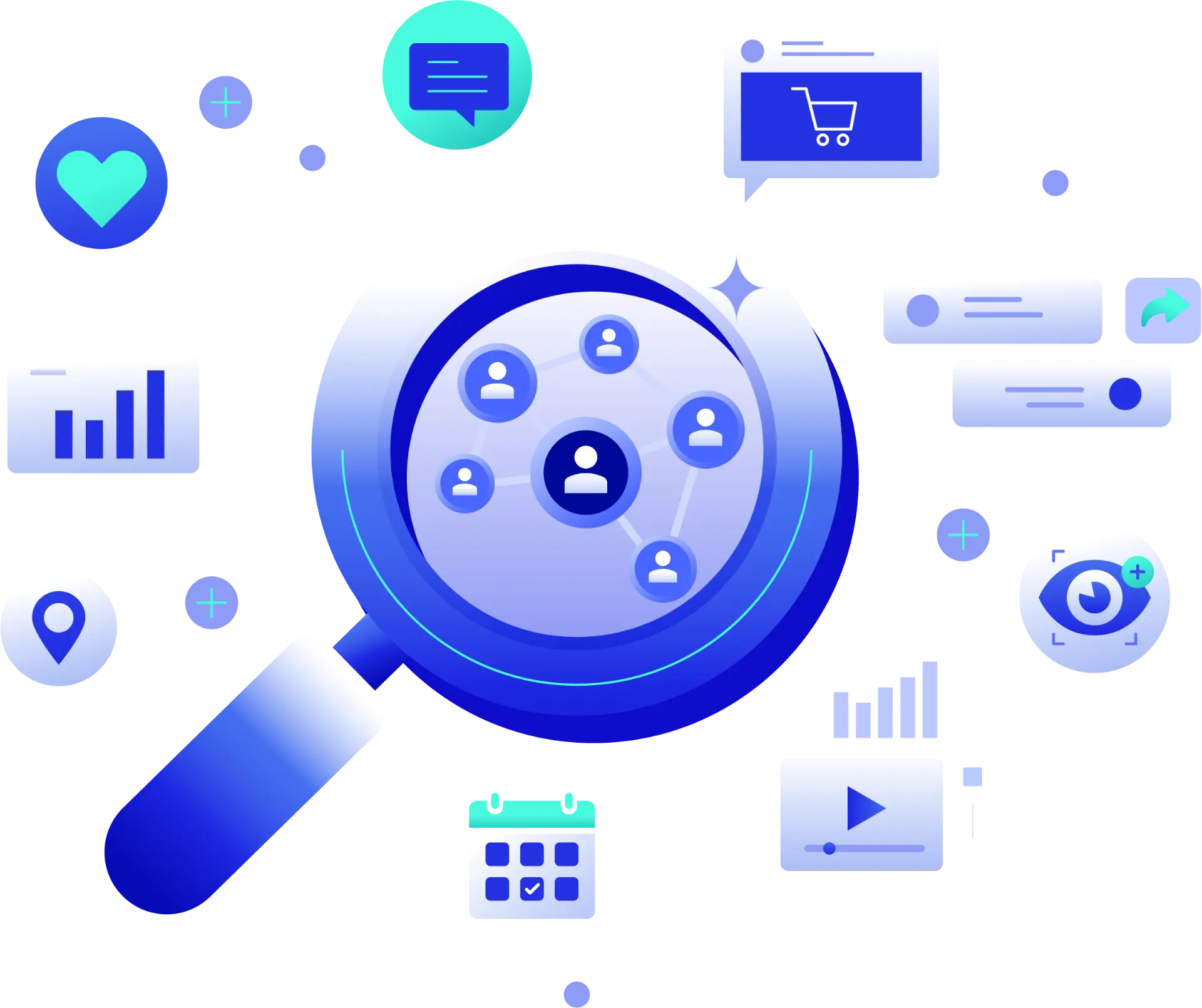 Modern workplace banner with magnifying glass, team icons, and digital tools, representing secure and efficient collaboration from any location or device.