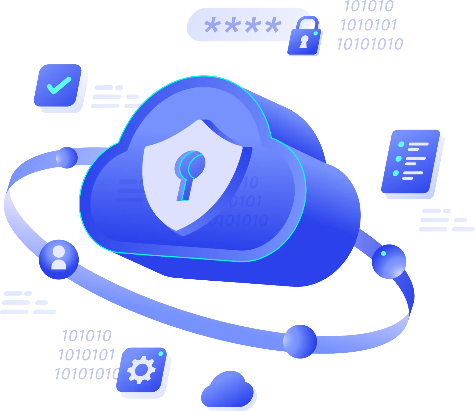 Cloud solutions banner with secure shield icon, binary code, and technology symbols, representing scalable and future-proof cloud services for business transformation and growth.