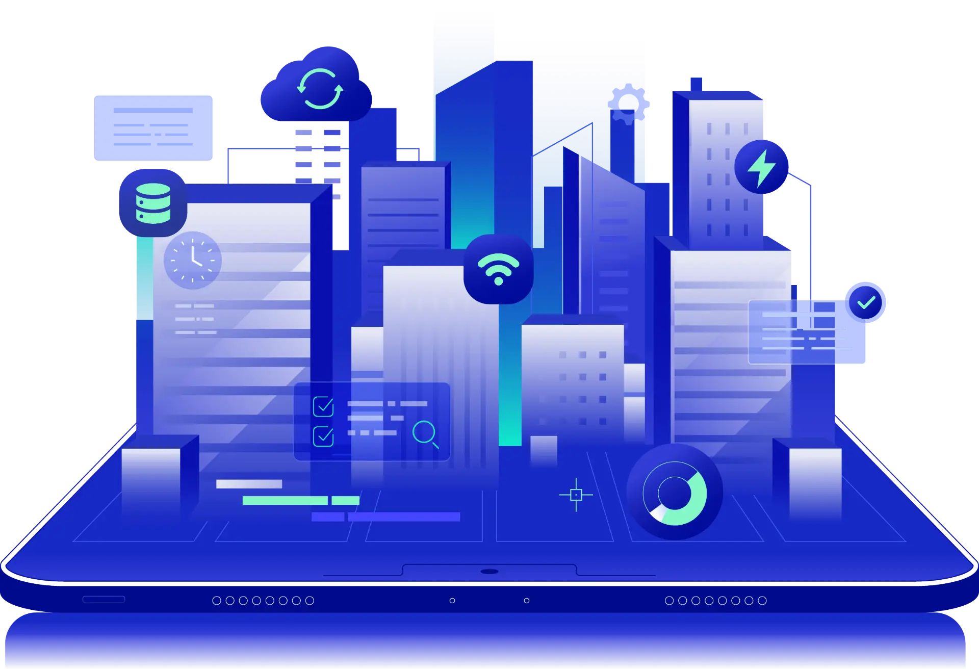 Connectivity banner with digital cityscape and laptop, representing secure and reliable business network connections for uninterrupted operations.