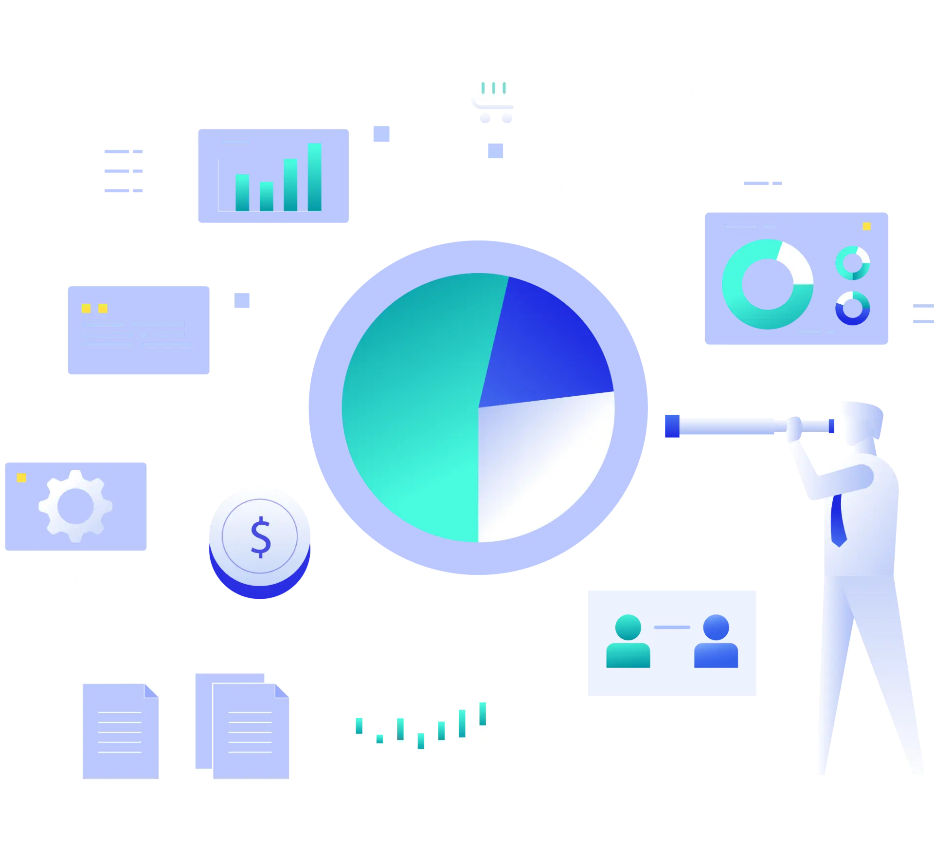 Hardware and procurement banner with business charts, pie graph, and IT professional, representing smart and scalable technology investments tailored to business needs.