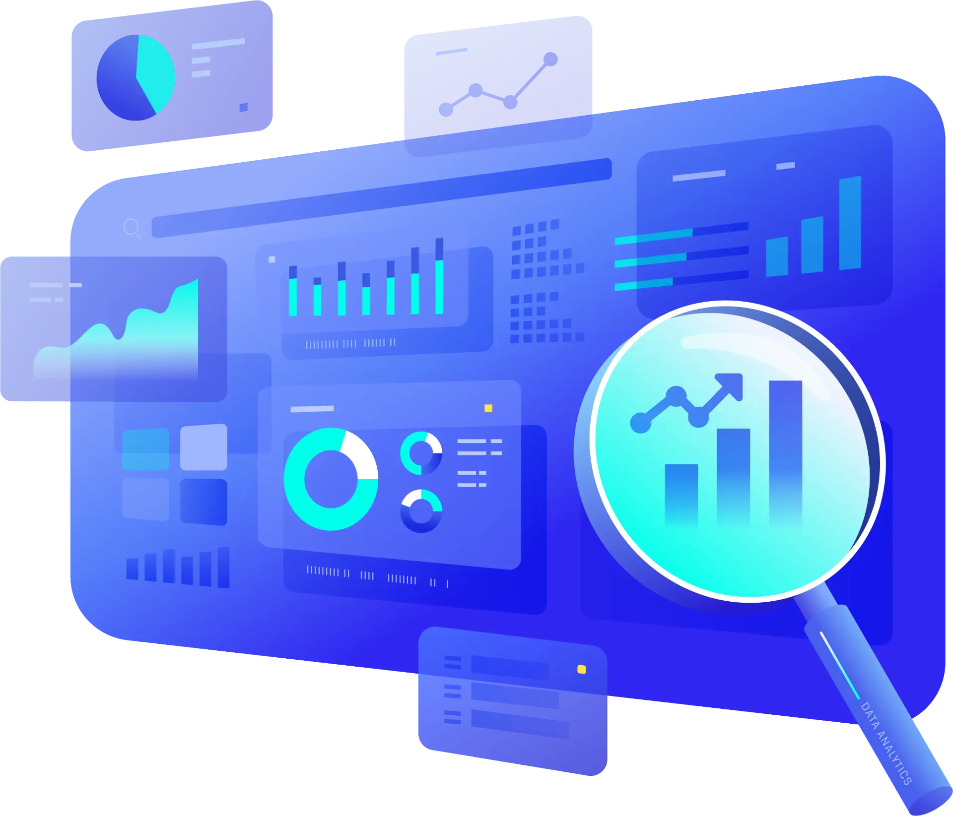 Project Management banner with analytics dashboard, magnifying glass, and data visuals symbolising on-time, on-budget IT project delivery for Australian businesses.