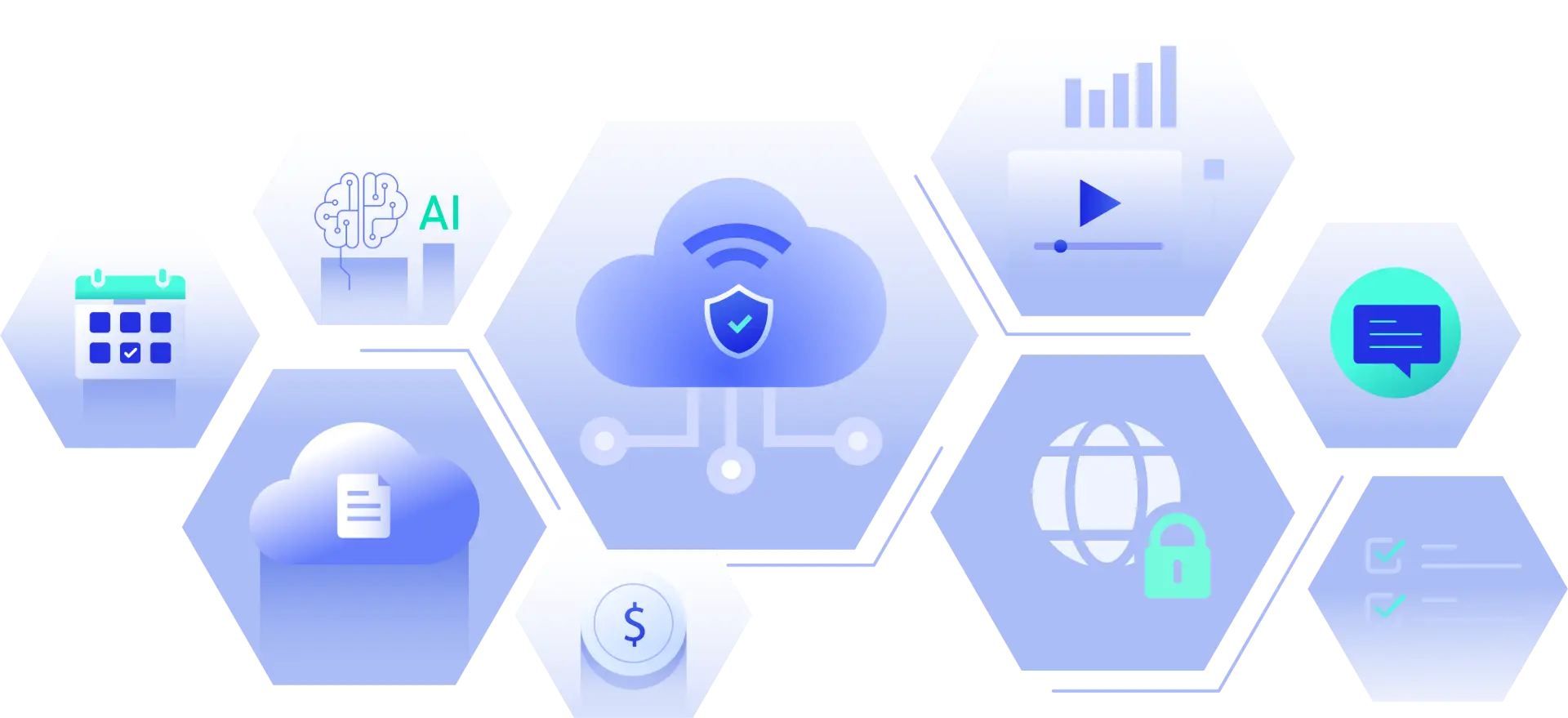 Unified Communications banner with cloud, AI, and collaboration icons, representing secure all-in-one business communication across devices.
