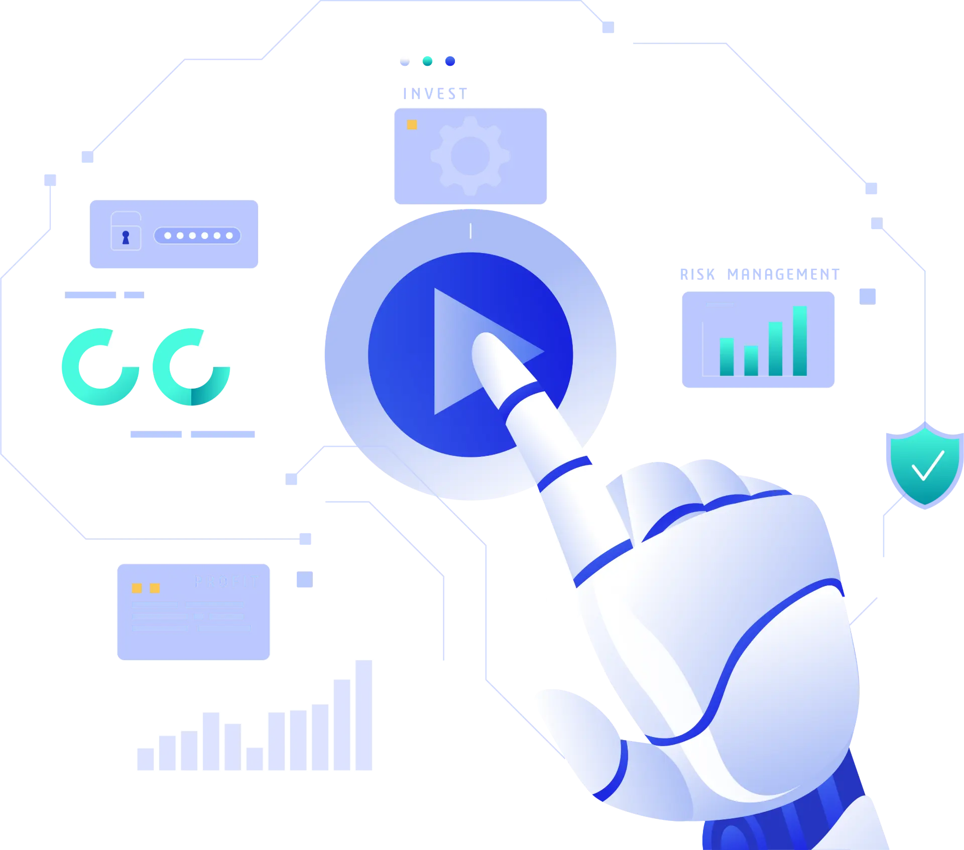 Video conferencing banner featuring a robotic hand pressing a play button with analytics, security, and collaboration visuals, symbolising seamless and secure meeting solutions.