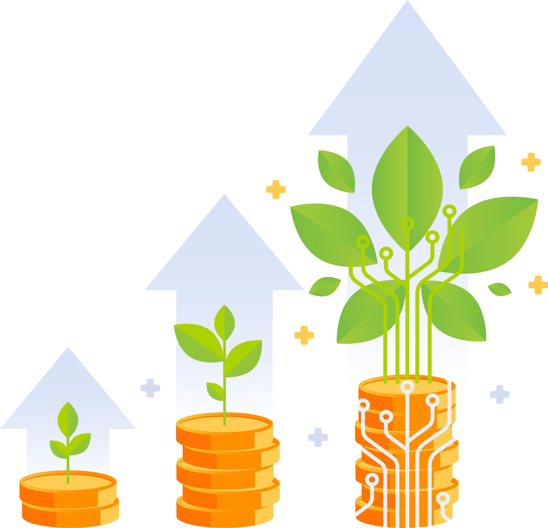 Customers and partners banner with coins, plants, and upward arrows, symbolising strong long-term relationships and business growth with technology partners.