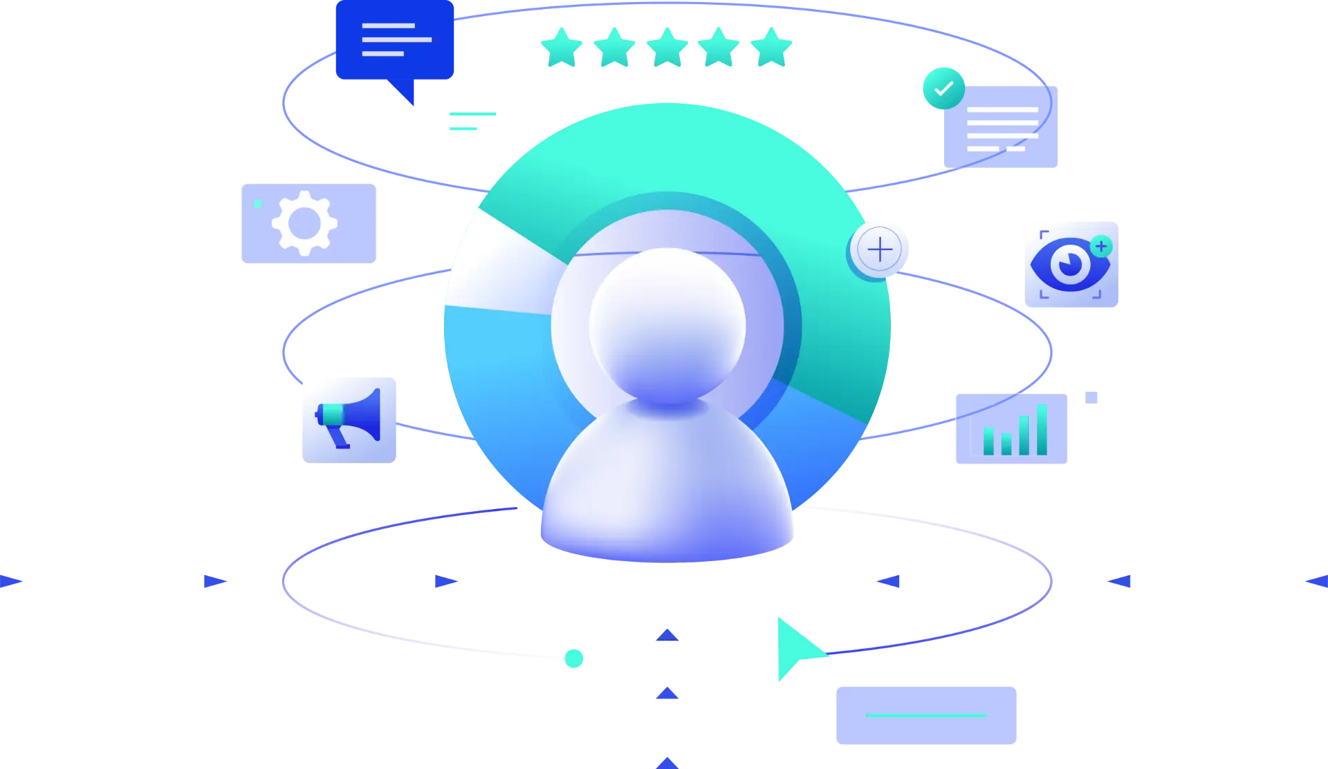 Success stories banner with customer profile, charts, stars, and communication icons, representing proven IT solutions driving business growth and competitive advantage.