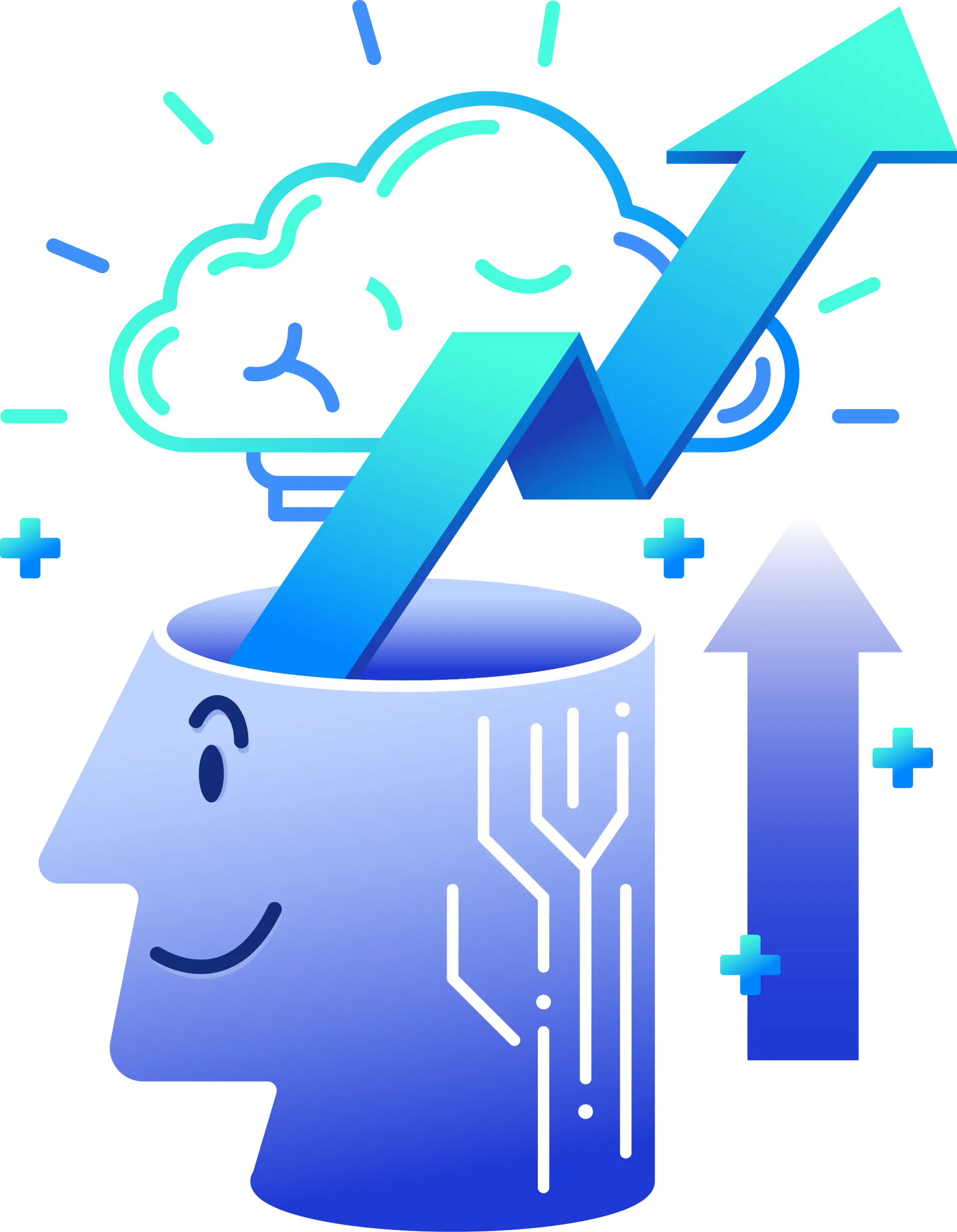 Events banner with human head, cloud, and upward arrow, representing technology webinars, workshops, and conferences driving innovation and growth.