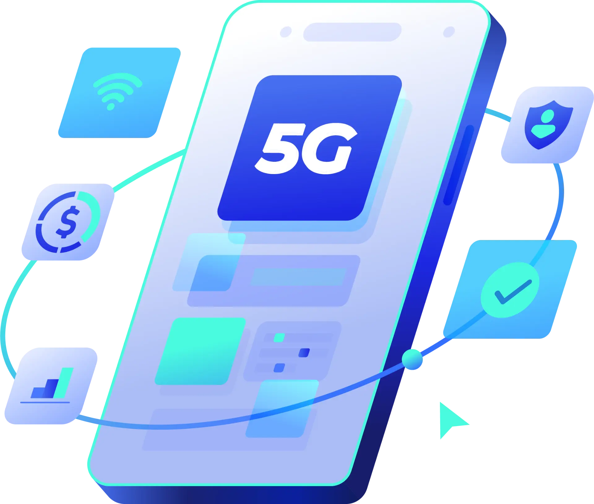 business mobile banner with 5G smartphone illustration, connectivity, security, and cost icons representing scalable and secure enterprise mobility solutions.