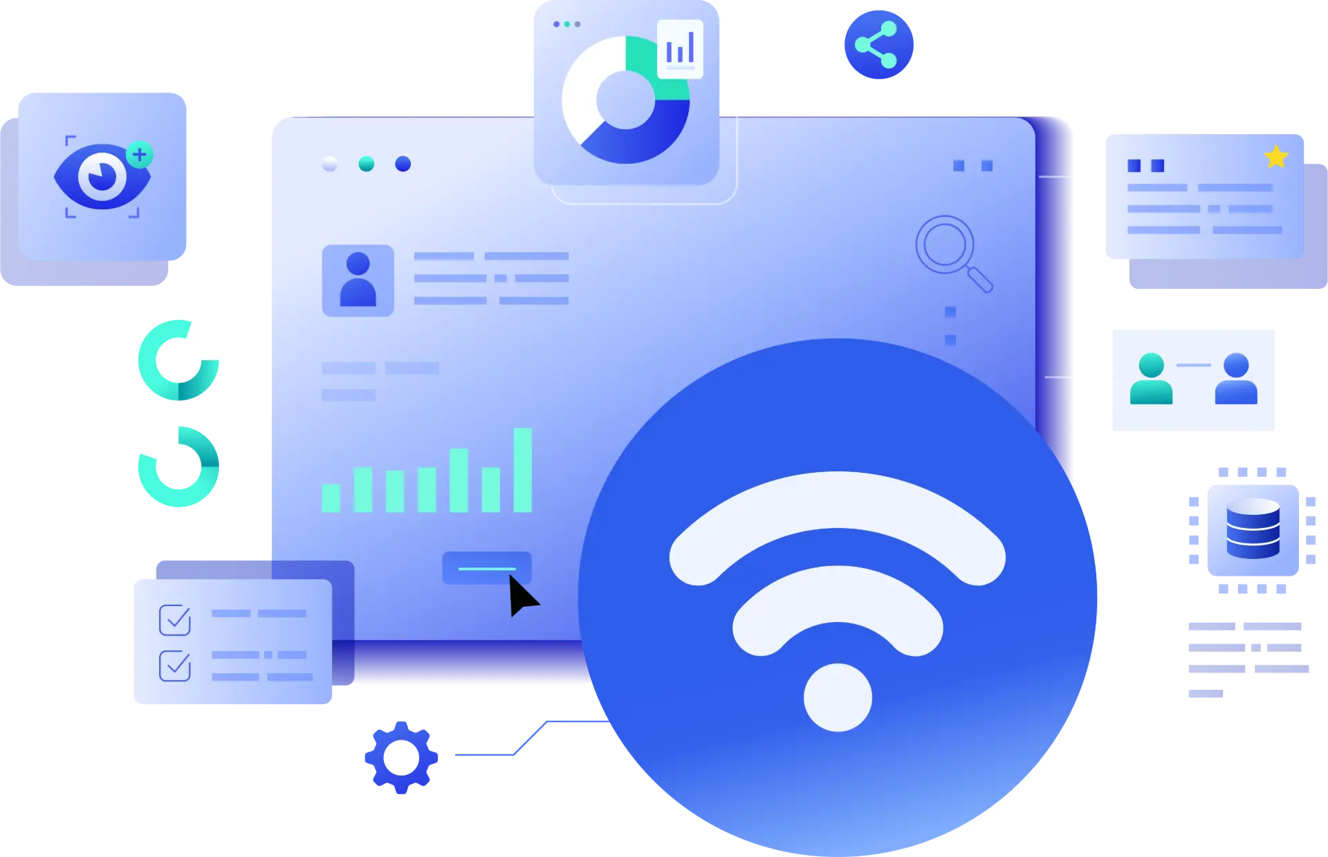 Business Internet and Data banner with Wi-Fi symbol, analytics dashboard, and connectivity icons, representing high-speed, secure, and flexible internet for modern workplaces.