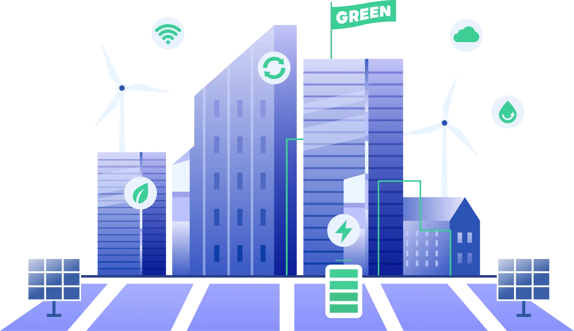Power and Data Centre banner with modern buildings, wind turbines, solar panels, and green energy icons representing resilient infrastructure for uninterrupted performance.