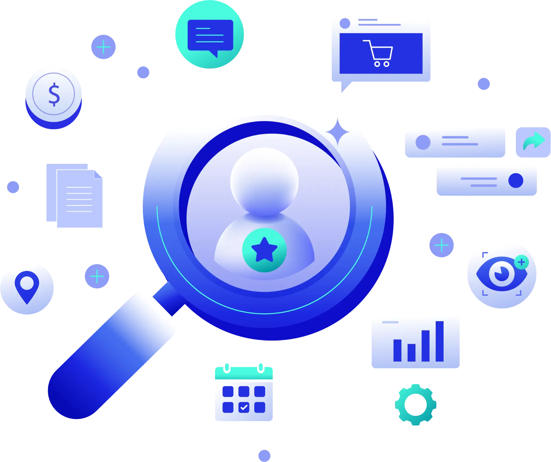 End User Compute banner with magnifying glass over user profile icon, surrounded by analytics, calendar, location, shopping cart, and productivity visuals, representing simplified workforce device management and performance.