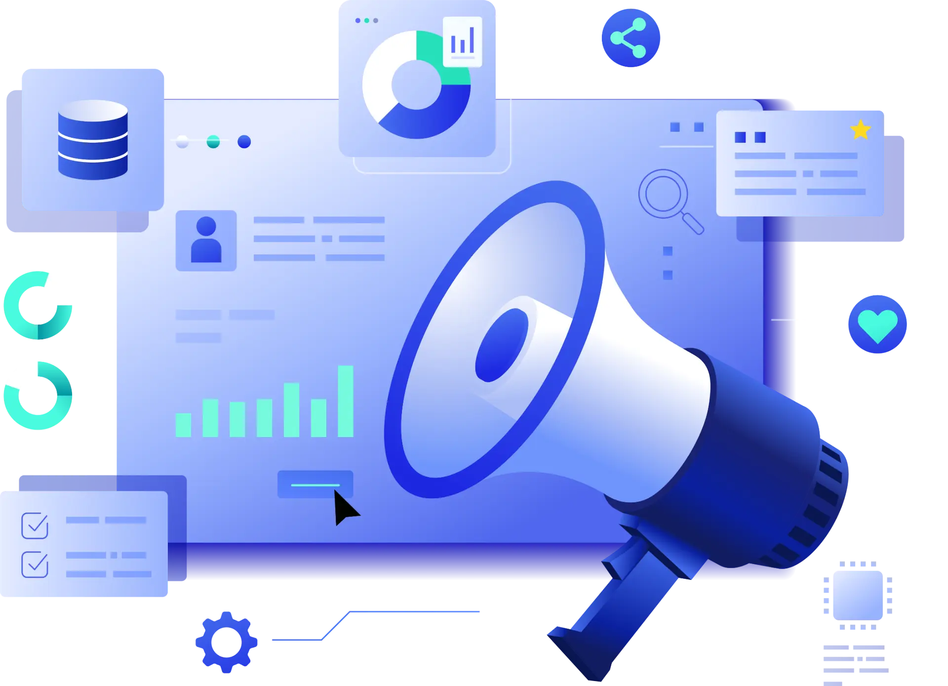 Campaigns and promotions banner with megaphone, charts, and analytics icons, representing exclusive offers and innovative IT solutions